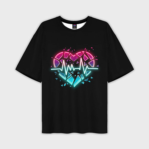 Мужская футболка оверсайз Разбитое сердце с линией пульса со свечением / 3D-принт – фото 1
