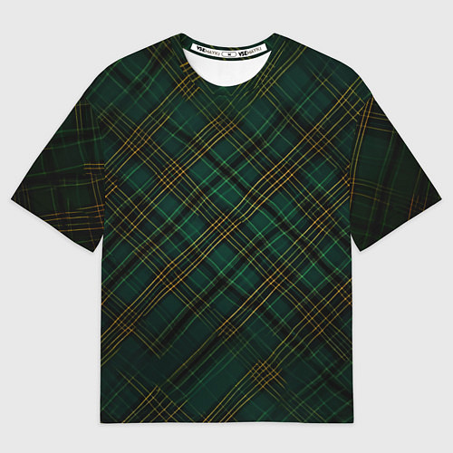 Мужская футболка оверсайз Тёмно-зелёная диагональная клетка в шотландском ст / 3D-принт – фото 1
