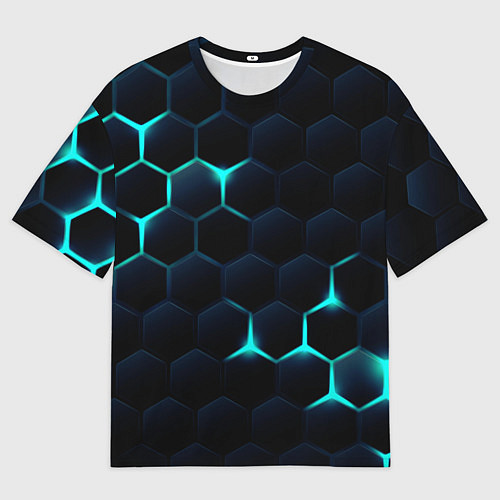 Мужская футболка оверсайз Бирюзовый сквозь чёрные соты / 3D-принт – фото 1