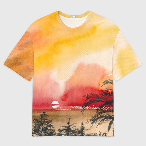 Мужская футболка оверсайз Тропический закат акварель / 3D-принт – фото 1
