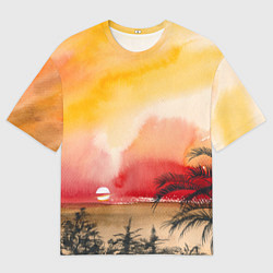 Мужская футболка оверсайз Тропический закат акварель