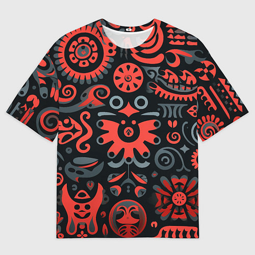 Мужская футболка оверсайз Красно-черный узор в славянском стиле / 3D-принт – фото 1