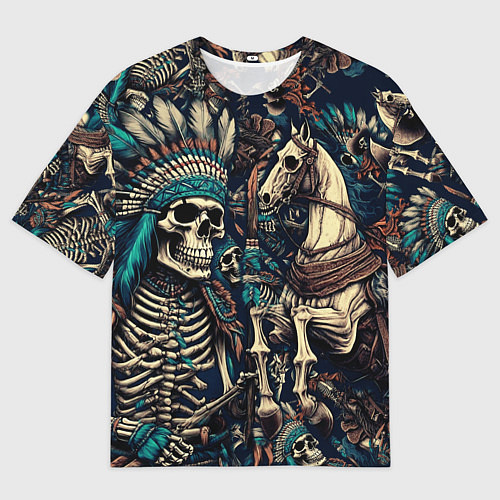Мужская футболка оверсайз Татуировка скелета индейца и ковбоя в техасе / 3D-принт – фото 1