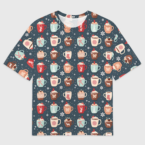 Мужская футболка оверсайз Кружки какао - зимний новогодний паттерн / 3D-принт – фото 1