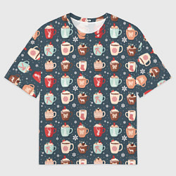 Мужская футболка оверсайз Кружки какао - зимний новогодний паттерн