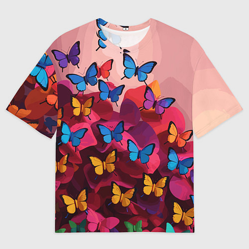 Мужская футболка оверсайз Разноцветные бабочки - розовые цветы / 3D-принт – фото 1