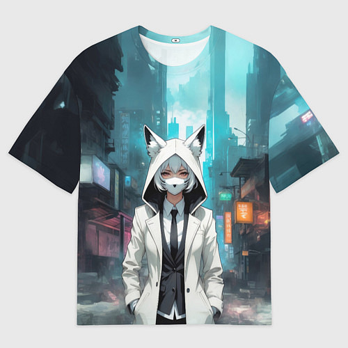 Мужская футболка оверсайз Девушка в плаще с ушками / 3D-принт – фото 1