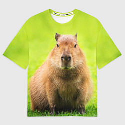 Мужская футболка оверсайз Capybara on green grass