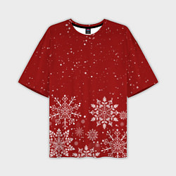 Мужская футболка оверсайз Текстура снежинок на красном фоне