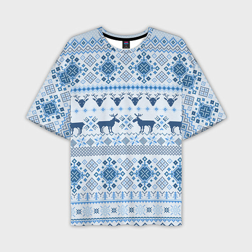 Мужская футболка оверсайз Blue sweater with reindeer / 3D-принт – фото 1