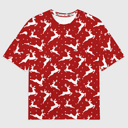 Футболка оверсайз мужская Красный паттерн с новогодними оленями, цвет: 3D-принт