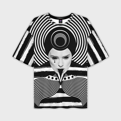 Мужская футболка оверсайз Черно белый портрет девушки на полосатом / 3D-принт – фото 1