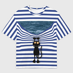 Мужская футболка оверсайз Чёрный кот разорвал тельняшку душа моряка