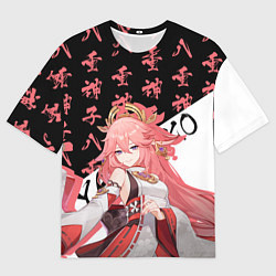 Мужская футболка оверсайз Яэ Мико иероглифы - Геншин Импакт