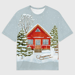 Мужская футболка оверсайз Красный дом в зимнем лесу
