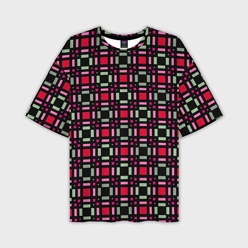 Мужская футболка оверсайз Красно-черный зеленый геометрический узор / 3D-принт – фото 1