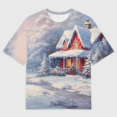 Мужская футболка оверсайз Новогодний снежный дом / 3D-принт – фото 1