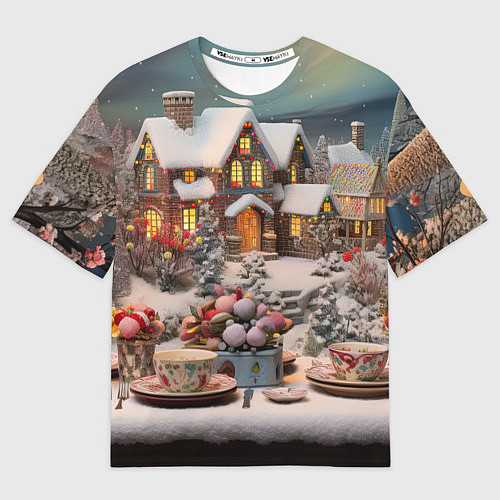 Мужская футболка оверсайз Объемные новогодние домики / 3D-принт – фото 1