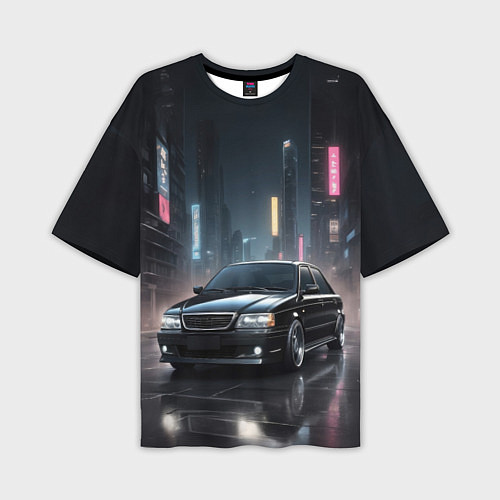 Мужская футболка оверсайз Черный автомобиль в ночном городе / 3D-принт – фото 1