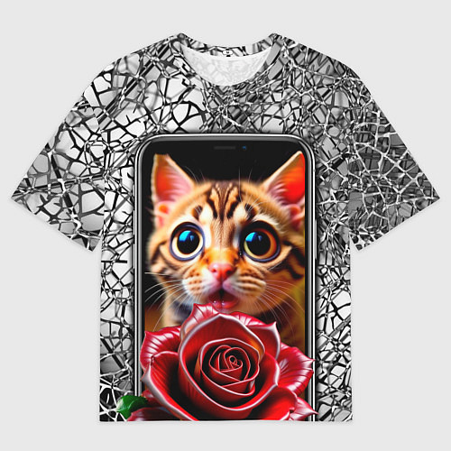 Мужская футболка оверсайз Кот в телефоне / 3D-принт – фото 1