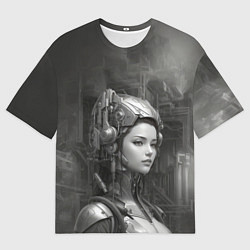 Мужская футболка оверсайз Черно-белая иллюстрация девушки в шлеме