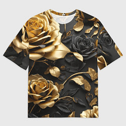 Мужская футболка оверсайз Металлические розы золотые и черные
