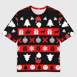 Мужская футболка оверсайз Новогодний патерн с оленями и сантой