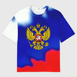 Мужская футболка оверсайз Герб РФ триколор краски