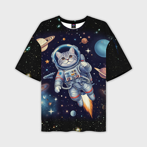 Мужская футболка оверсайз Крутой котик в открытом космосе - нейросеть / 3D-принт – фото 1