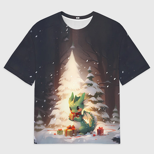 Мужская футболка оверсайз Чиби-дракон под ёлкой с подарками / 3D-принт – фото 1