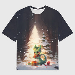 Футболка оверсайз мужская Чиби-дракон под ёлкой с подарками, цвет: 3D-принт