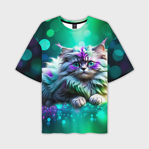 Мужская футболка оверсайз Пушистый котенок в бирюзово фиолетовом боке / 3D-принт – фото 1