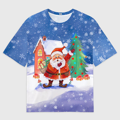Мужская футболка оверсайз Дед Мороз с мешком и елкой / 3D-принт – фото 1