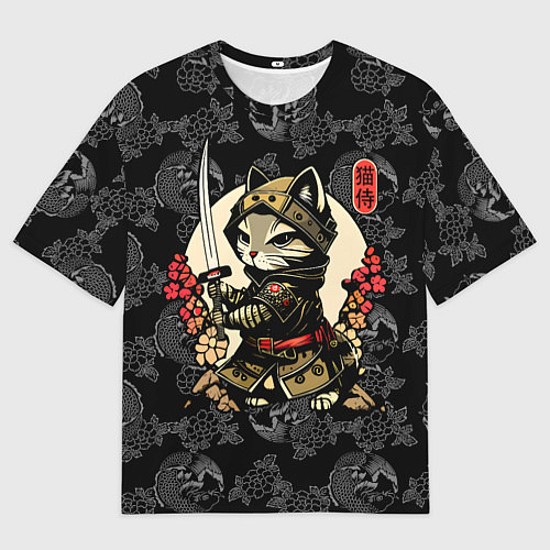 Мужская футболка оверсайз Кот - японский самурай / 3D-принт – фото 1