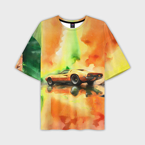 Мужская футболка оверсайз Машина на оранжево зеленом фоне акварель / 3D-принт – фото 1