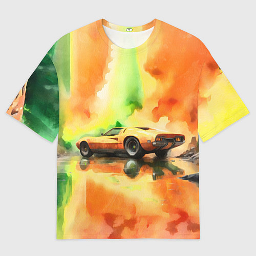 Мужская футболка оверсайз Машина на оранжево зеленом фоне акварель / 3D-принт – фото 1