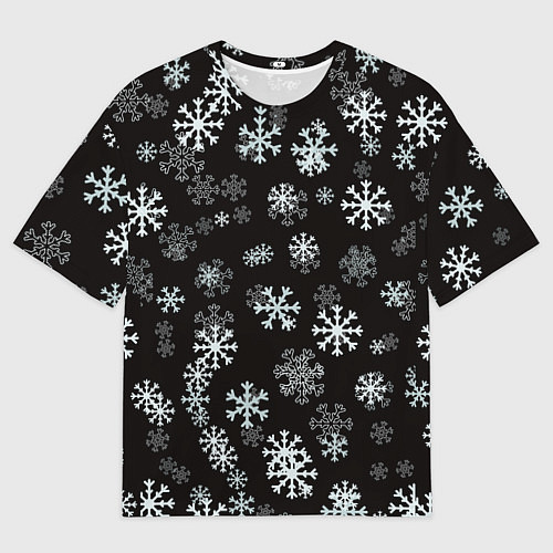Мужская футболка оверсайз Снежинки белые на черном / 3D-принт – фото 1