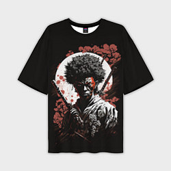 Мужская футболка оверсайз Черный самурай на фоне луны
