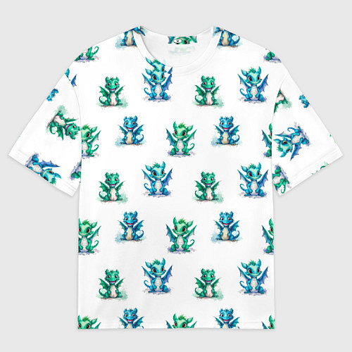 Мужская футболка оверсайз Дракончики зеленые и синие - паттерн акварельный / 3D-принт – фото 1
