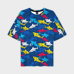 Мужская футболка оверсайз Разноцветные акулы на глубине