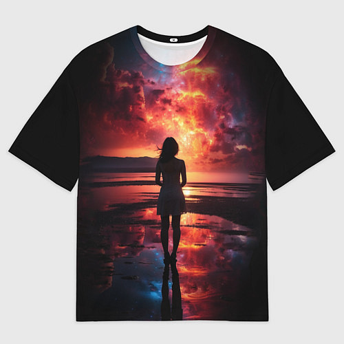 Мужская футболка оверсайз Девушка на закате - космос / 3D-принт – фото 1