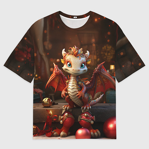 Мужская футболка оверсайз Дракон с новогодними шариками / 3D-принт – фото 1