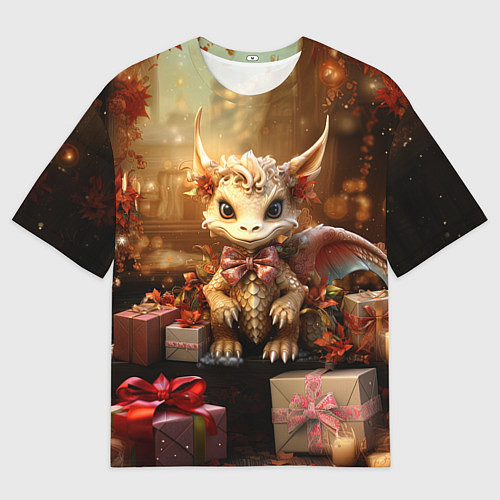 Мужская футболка оверсайз Белый новогодний дракон с подарками / 3D-принт – фото 1