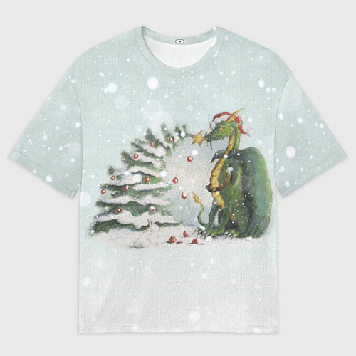 Мужская футболка оверсайз Дракон у наряженной ёлки и заяц беляк / 3D-принт – фото 1