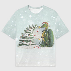 Мужская футболка оверсайз Дракон у наряженной ёлки и заяц беляк