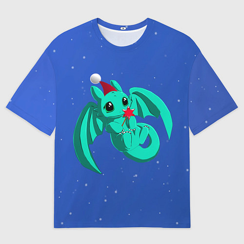 Мужская футболка оверсайз Новогодний дракончик бирюзовый / 3D-принт – фото 1