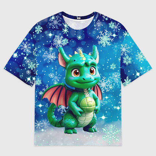 Мужская футболка оверсайз Маленький дракончик в снежинках / 3D-принт – фото 1