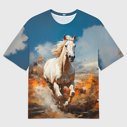 Мужская футболка оверсайз Белая лошадь скачет в поле