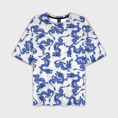 Мужская футболка оверсайз Синие новогодние драконы / 3D-принт – фото 1