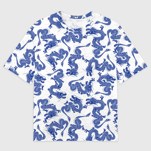 Мужская футболка оверсайз Синие новогодние драконы / 3D-принт – фото 1